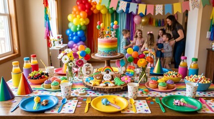 Fototapeta premium Vibrant Rainbow Themed 5th Birthday Party Table Setting With Cake And Cookies