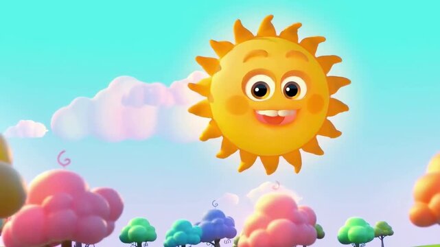 Whimsical video scene with a smiling sun, colorful clouds, and trees, shot from a low angle, Live desktop wallpaper.