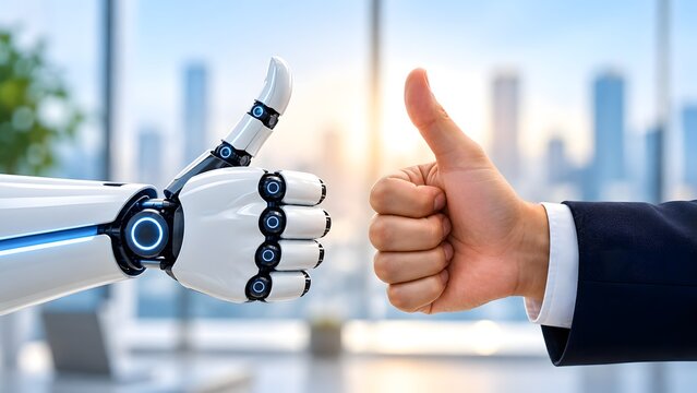 Robot and Human Businessman Giving Thumbs Up Together in Office Concept

