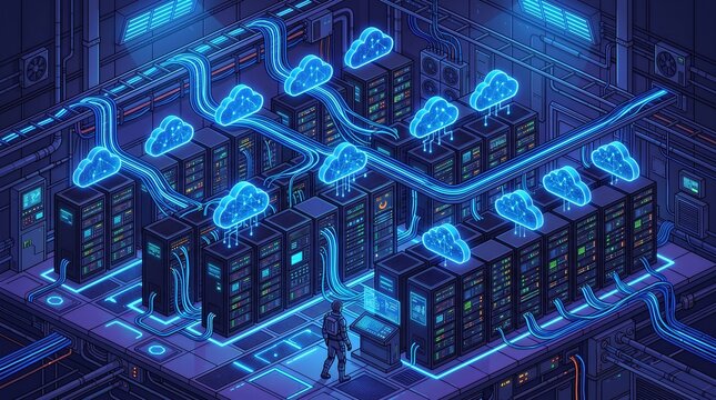 Isometric illustration of a server data center with glowing cloud computing icons above each server rack, in blue tones.
