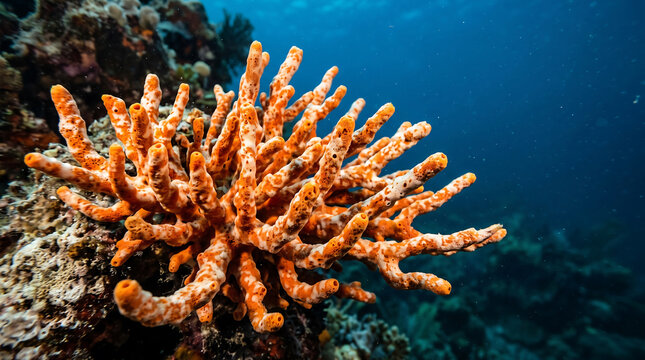 Vibrant orange tube sponge growing on a tropical coral reef