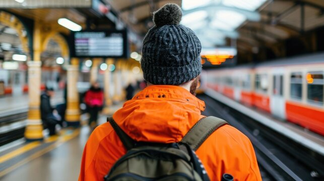 From behind a traveler wearing an orange jacket and beanie carrying a backpack stands on a bustling train station platform anticipating their journey as a train arrives in the distance