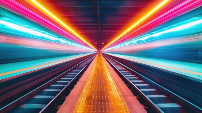 Vibrant abstract long exposure captures neon light trails and motion blur from a speeding train on a station platform creating a futuristic energetic atmosphere