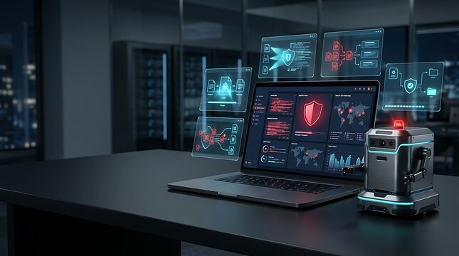 Modern laptop computer showing cyber security interface with data protection charts and shield icons on a dark professional office desk in a high tech environment