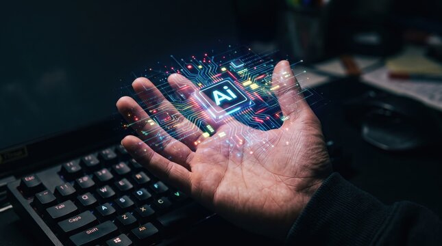 A human hand interacting with a floating digital holographic interface representing artificial intelligence and advanced computing technology