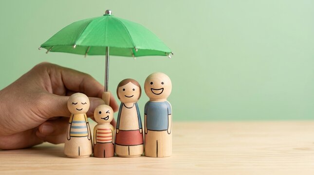 Family peg dolls under umbrella, family health insurance, problem solving, challenge and abstract concept.