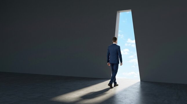 Executive approaching geometric, business strategy, planning, leadership and professional success concept.