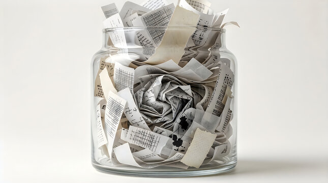 Glass jar filled with crumpled handwritten papers and notes for creative writing or brainstorming