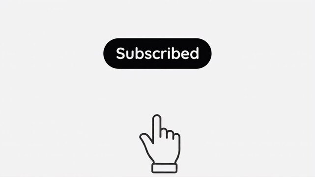Subscribed button in black rounded shape with an outlined hand cursor icon positioned below for channel membership confirmation.
