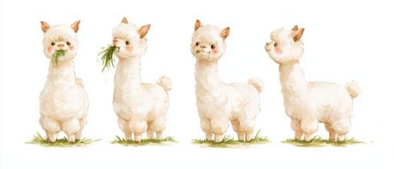 Fototapeta premium Cute watercolor illustration of a fluffy alpaca standing and eating hay, four different poses in a horizontal row, character sheet, isolated on a white background, soft colors, children's book