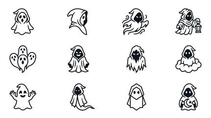 Fototapeta premium Dynamic Set of Black and White Ghost Illustrations Featuring Various Spooky and Playful Ghost Characters with Different Expressions and Accessories