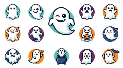 Obraz premium Elegant Collection of Colorful Ghost and Halloween Themed Icons with Playful Expressions and Accessories