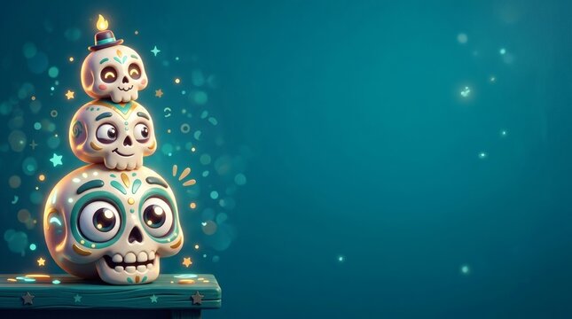 Teal Blue Background 3D Cartoon Skull Stack Big Eyes Bottom Left Corner Right Side Open Space

