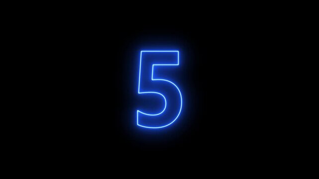 glowing neon text 5 number countdown icon animation video on a black background