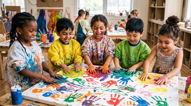 Diverse group of happy children creating colorful handprint art together in a classroom setting