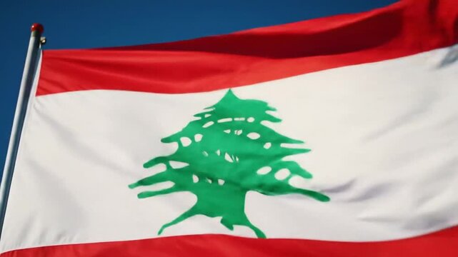 National flag of lebanon waving in the wind against blue sky