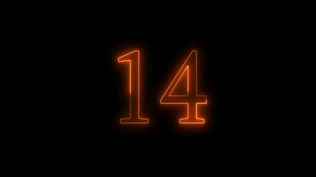 glowing neon text 14 number countdown icon animation video on a black background