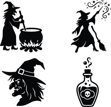 Spooky Halloween witch silhouette vector icon collection featuring old hag face, sorceress stirring cauldron, casting spells with magic wand, and poison potion bottle.
