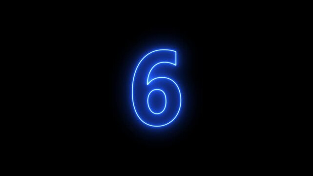 glowing neon text 6 number countdown icon animation video on a black background
