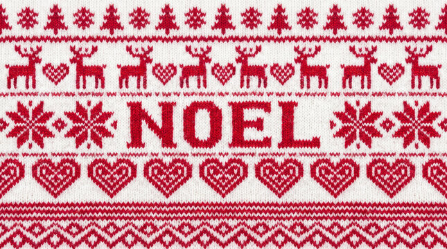 Knitted Christmas sweater background with reindeer, snowflakes, hearts, and Noel text