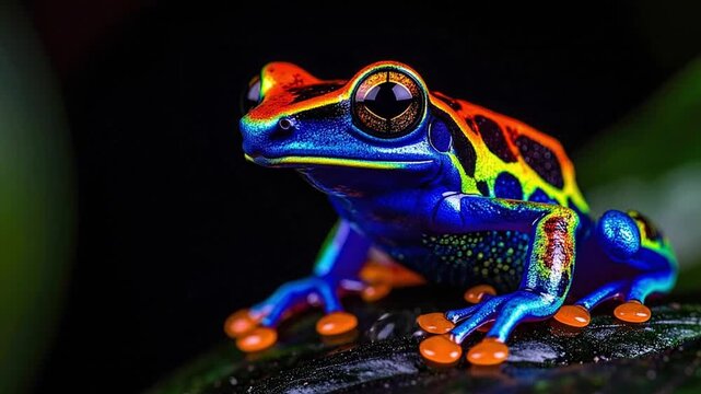 Vibrant blue orange and yellow frog with black patterns sitting on a dark leaf