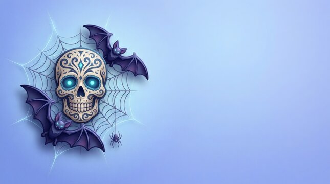Soft Blue Background 3D Vector Skull Bat Pair Grouped Left Edge Spiderweb Accent Right Side Clear


