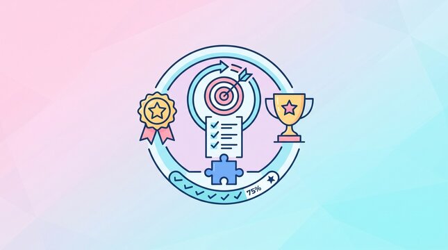 Skills competency assessment icon featuring target, checklist, badge, progress indicators and professional performance evaluation