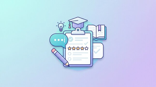 Teacher evaluation and student feedback icon with clipboard, rating, communication and academic assessment on a soft pastel background