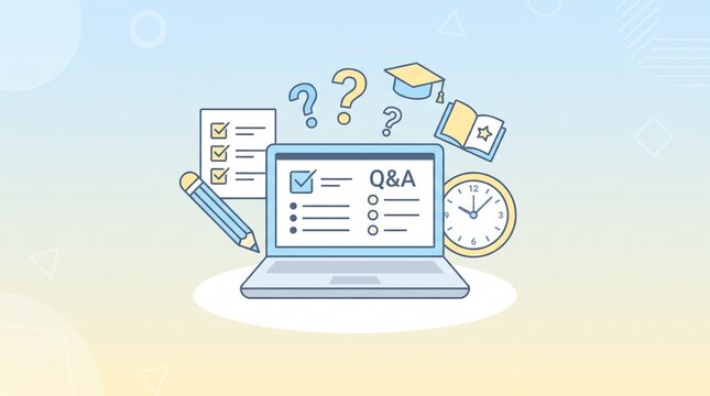 Online examination and assessment icon with laptop, checklist, questions, clock and academic evaluation tools on a clean pastel background