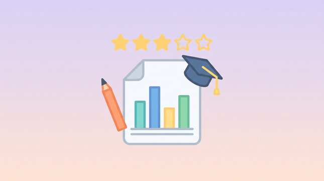 Academic performance assessment icon featuring report card, score chart, rating and student achievement evaluation on pastel background