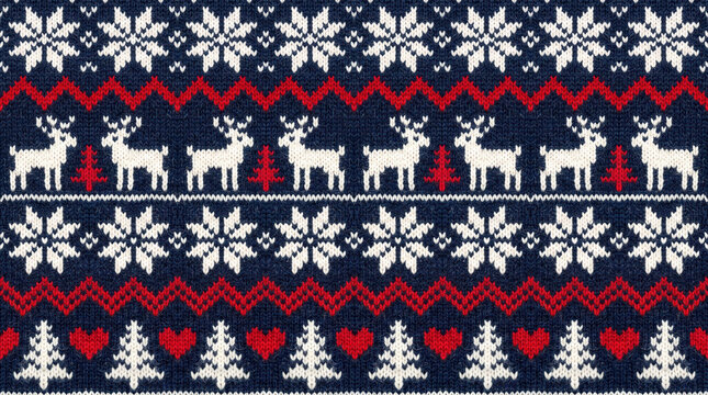 Christmas sweater pattern vector illustration with reindeer snowflakes and winter trees