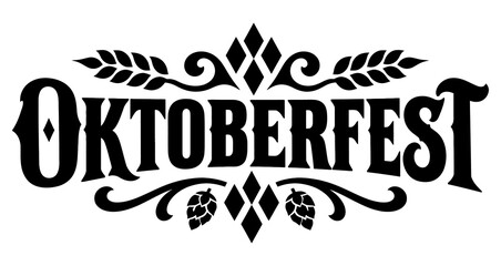 Oktoberfest beer festival typography logo with hop cones and wheat ears isolated on transparent background © Soumojit Halder