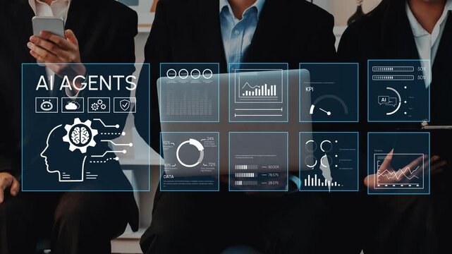 Professionals Analyzing Data in Modern Office with AI Technology and Digital Charts Displayed on Screen for Business Analytics. Entropy.