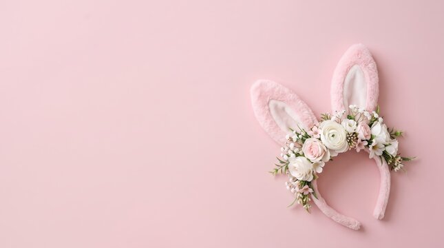 Cute bunny ears headband decorated with delicate flowers isolated on a soft pastel pink background for easter