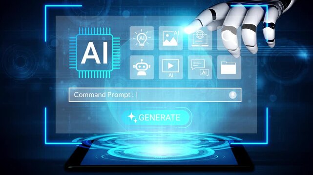 Futuristic User Interface with AI Technology Featuring a Robotic Hand Touching a Digital Screen with Command Prompt and Icon Options Gluon.
