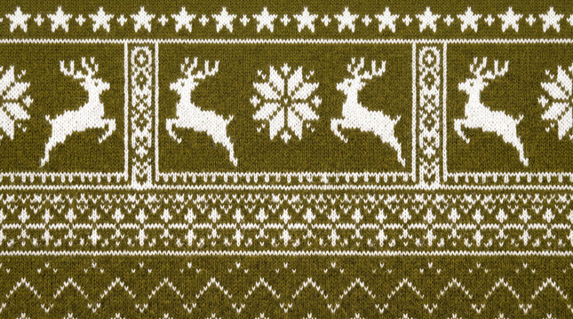 Knitted winter sweater background with reindeer and snowflakes pattern