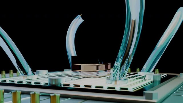 Dynamic push in showcasing heavy gold cryogenic cold plate manifold and heat distribution fins, panoramic framing.