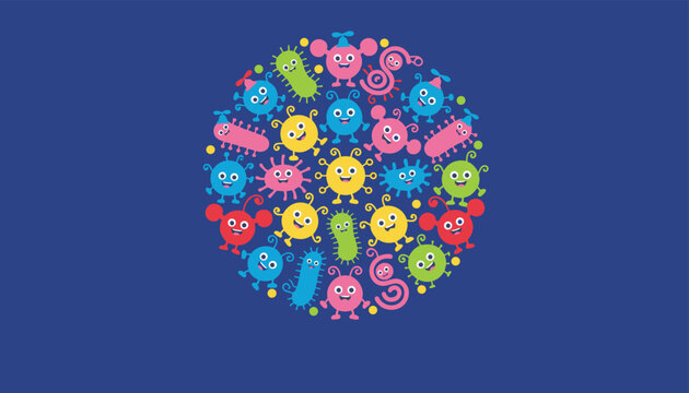 Colorful collection of funny cartoon microbe and virus characters arranged in a circular shape on a blue backdrop.
