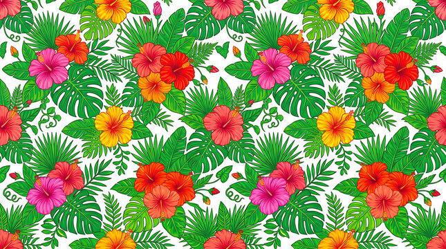 Vibrant hibiscus flowers and tropical leaves in a repeating pattern with cheerful colors