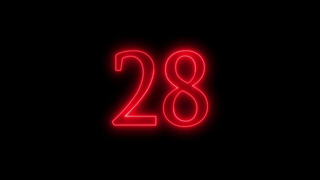 glowing neon text 28 number countdown icon animation video on a black background