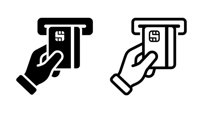 Hand inserting credit card into terminal slot icon set with terminal