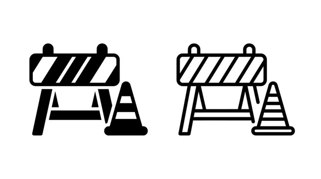 Construction barrier and traffic cone icon set for road work safety
