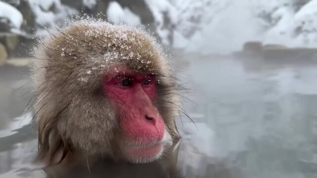 Close-up video of a snow monkey in hot springs, serene and peaceful, eye-level angle. Live desktop wallpaper.