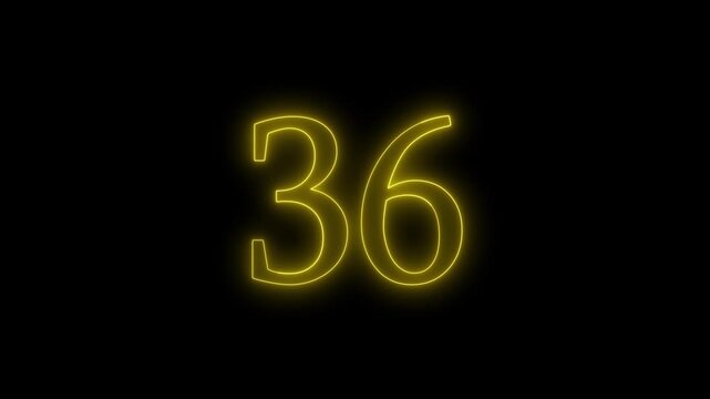 glowing neon text 36 number countdown icon animation video on a black background