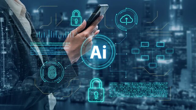 Businessman using smartphone with artificial intelligence graphics and cybersecurity icons in a modern city at night emphasizing technology and innovation. Entropy.