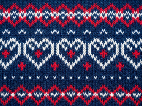Knitted Christmas sweater background, festive woolen fabric with fair isle winter pattern and hearts
