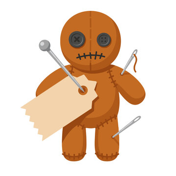 Handmade voodoo doll with pins and blank tag.