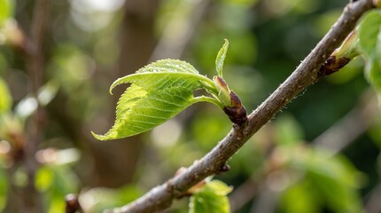 Fototapeta premium Close up of a new bright green leaf unfurling from a tree branch in soft sunlight