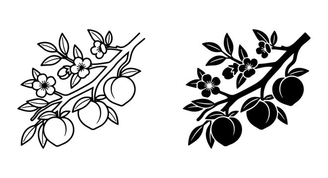 Peach Tree Branch Vector Art, Fruit Blossom Silhouette, Spring Nature Elements