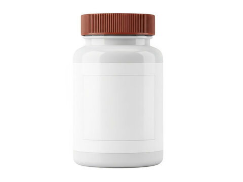 White plastic medicine bottle with a brown cap and blank label for branding isolated on transparent background